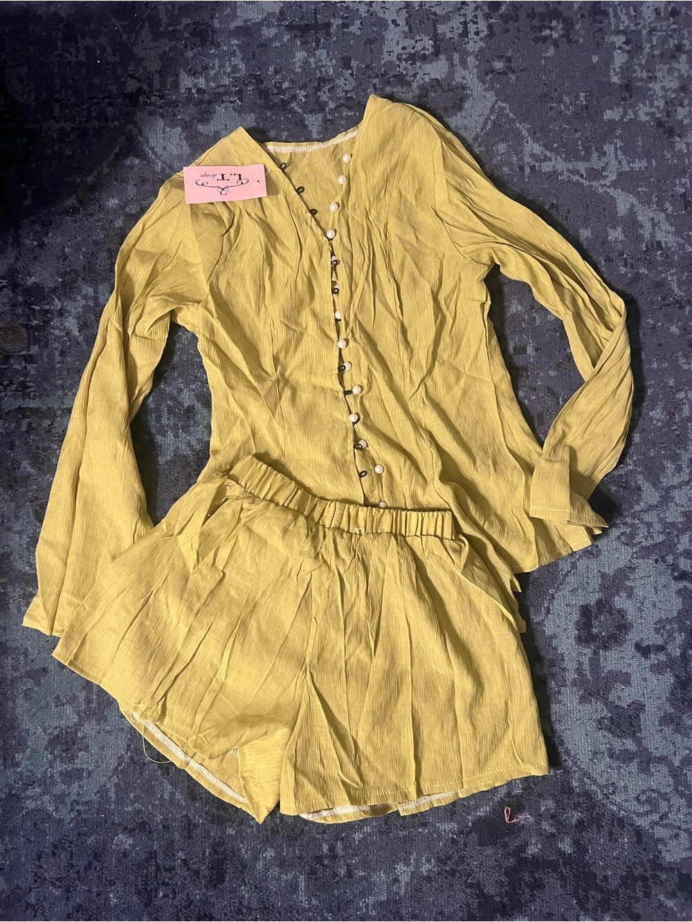 Light Lime Green Women's Pearl-Button up & Shorts Set